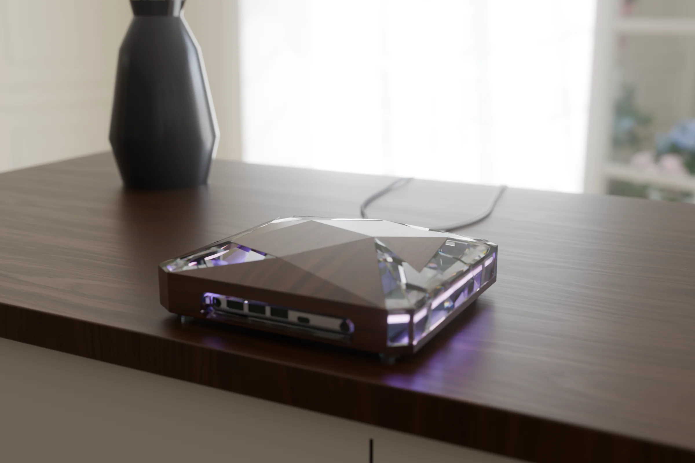Janus One on a walnut sideboard by a sunlit window, glowing violet