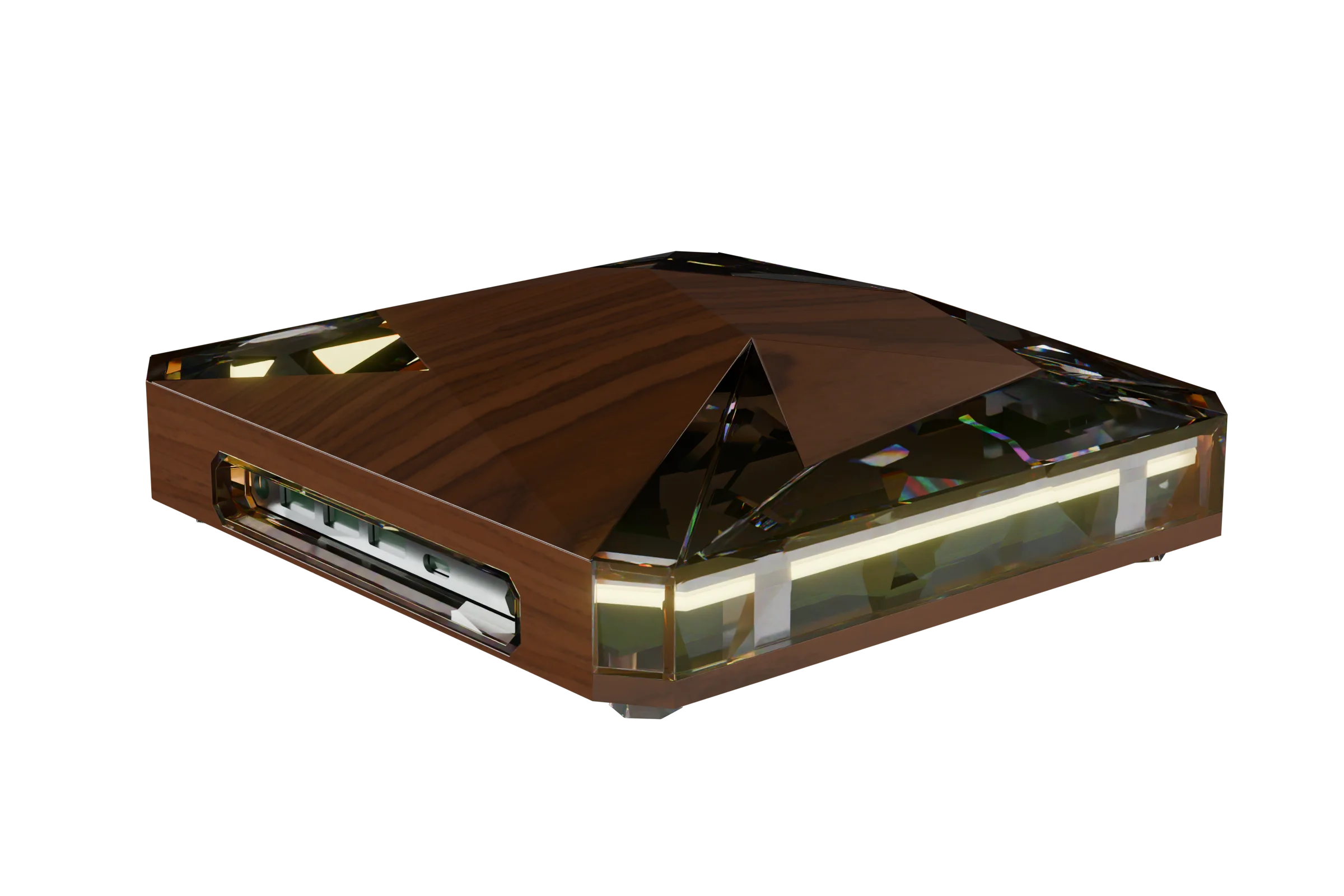 Janus One from the side: walnut panels and a crystal band lit from within