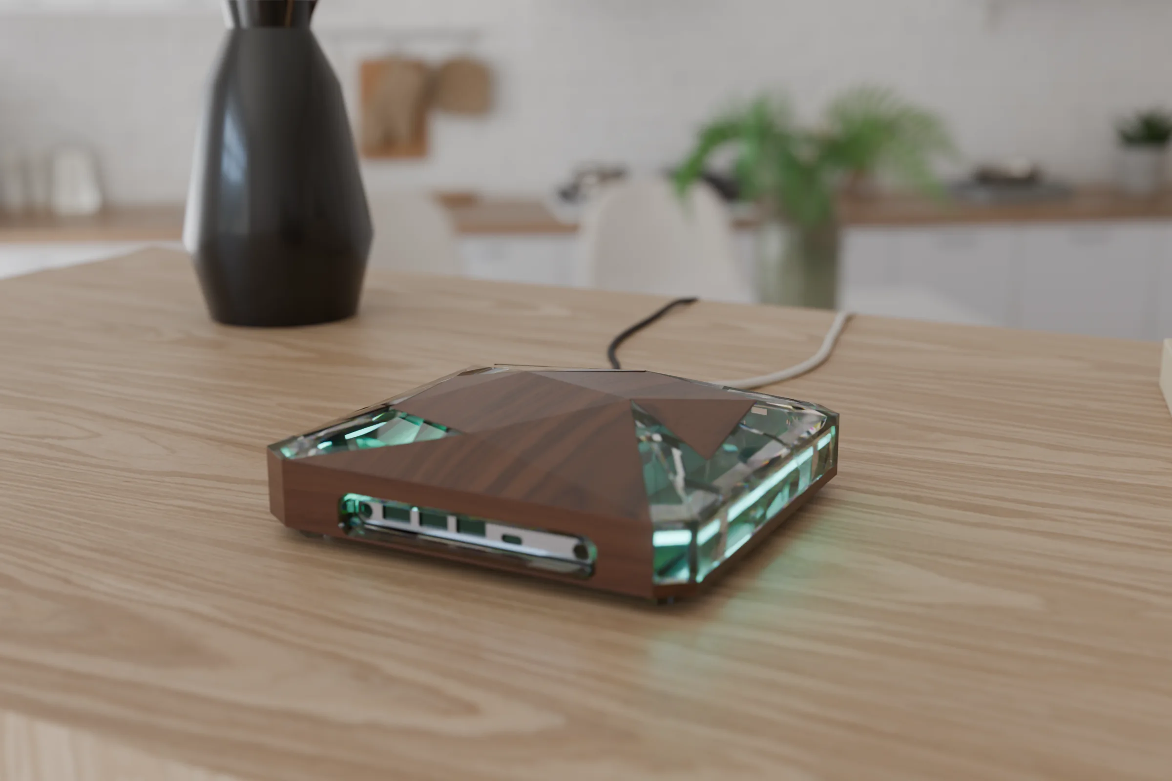 Janus One on an oak table in a white loft, glowing teal