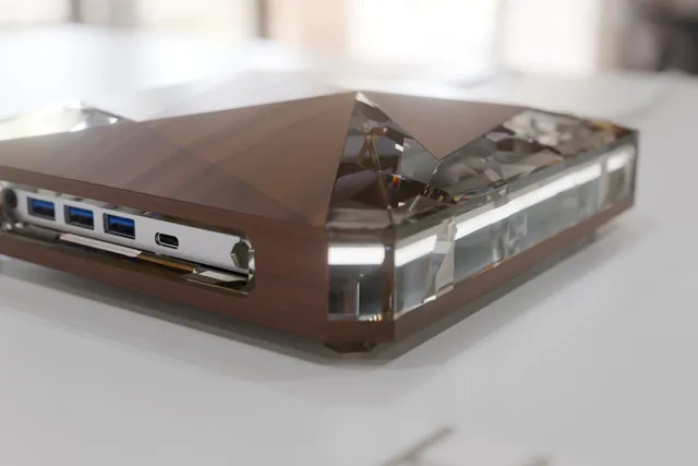 Janus One: Walnut and crystal, close up