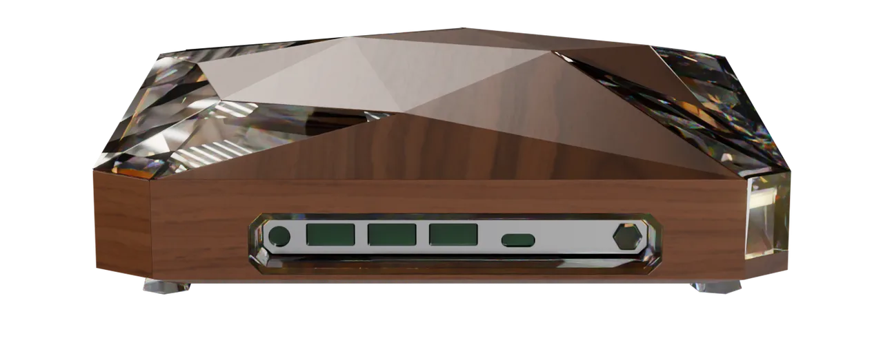 Janus One, a private AI computer in walnut and faceted crystal